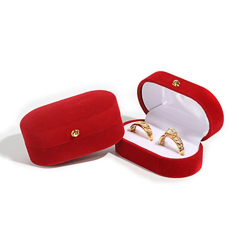 Double Slots Luxury Velvet Wedding Ring Box Oval Flip Jewelry Box Couple Wedding Engagement Ring Organizer Jewelry Packing Box